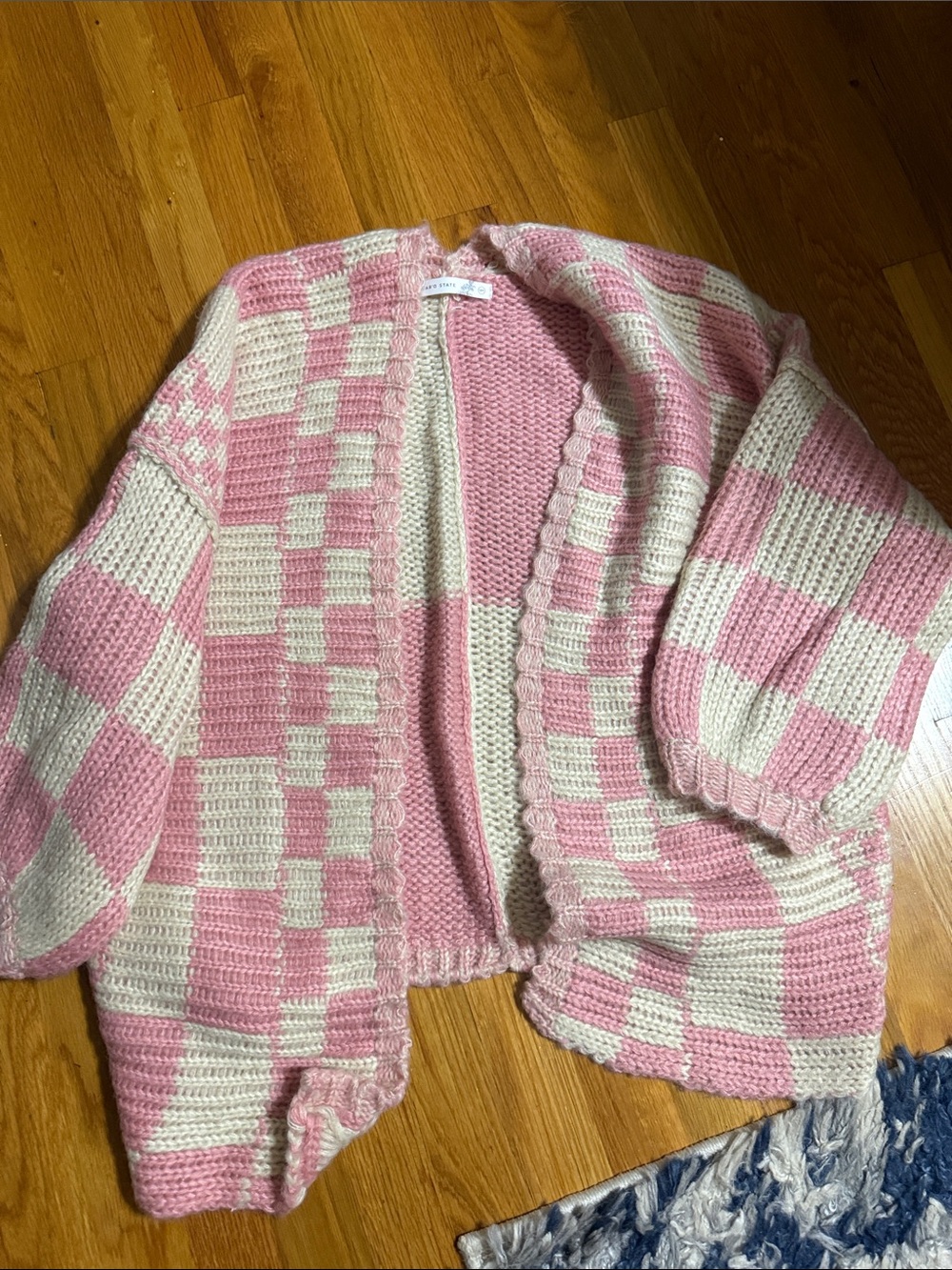 Altar'd State Pink and Cream Crochet Checkered Cardigan